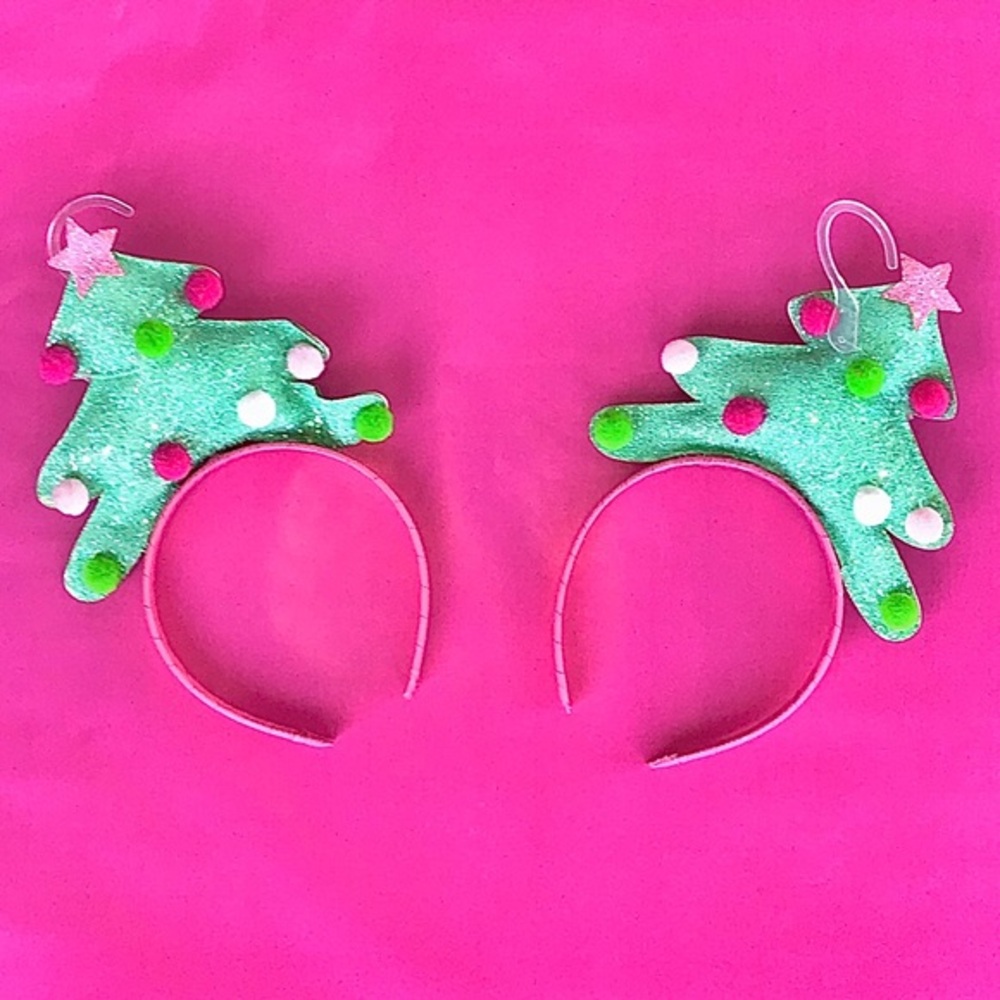 2 Christmas Tree Holiday Pink + Green Headbands